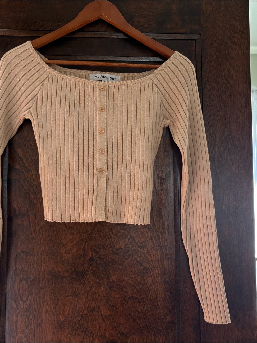 Madden Girl Ribbed Button-Front Crop Top — Blush Pink